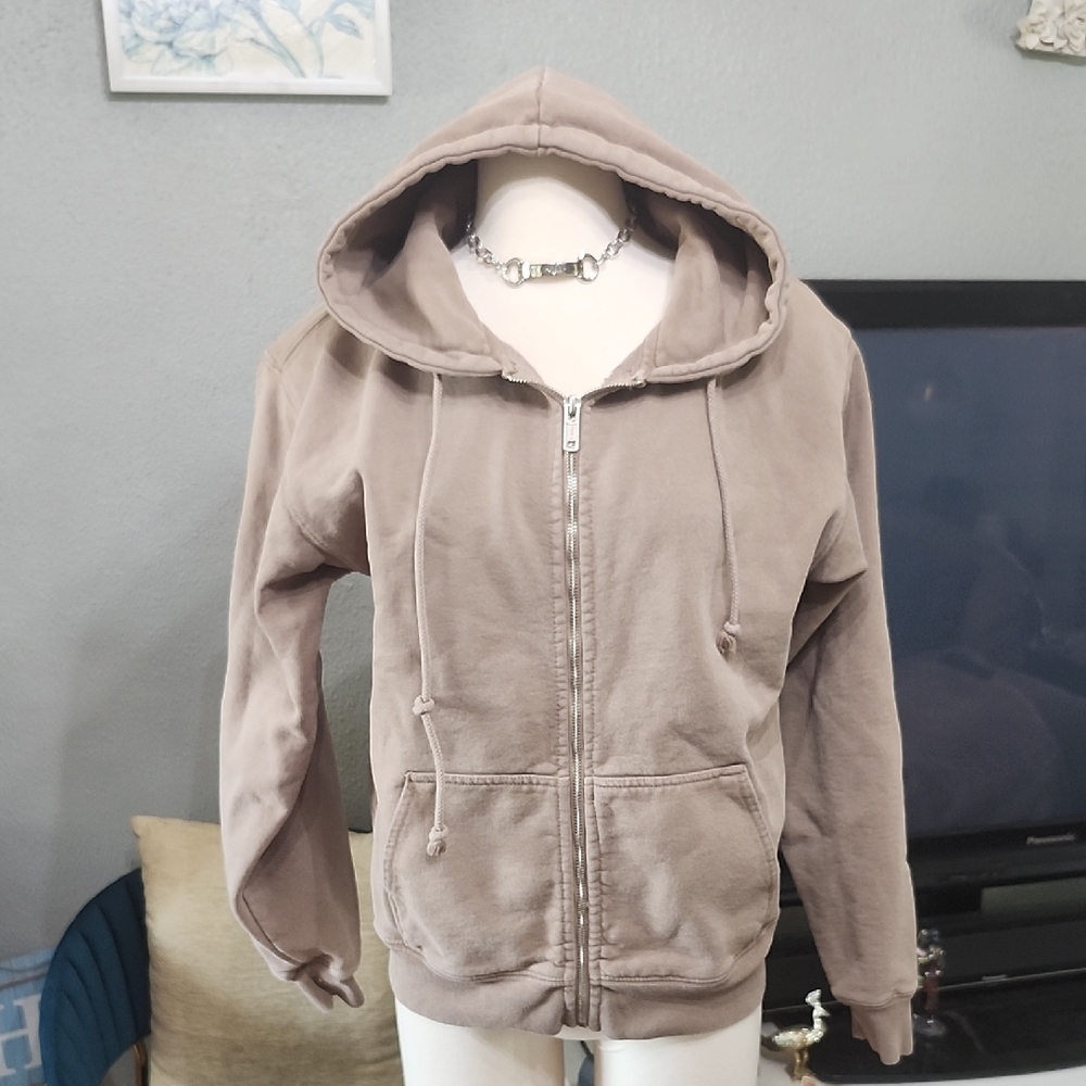 Brandy Melville Tan Zip-Up Hoodie Oversized XS Pit To Pit 21" EUC